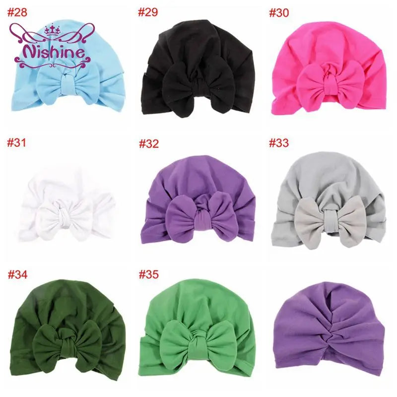 Nishine Baby Turban Hat with Bow Children Hats Cotton Blend Newborn Beanie Top Knot Caps Kids Headwear