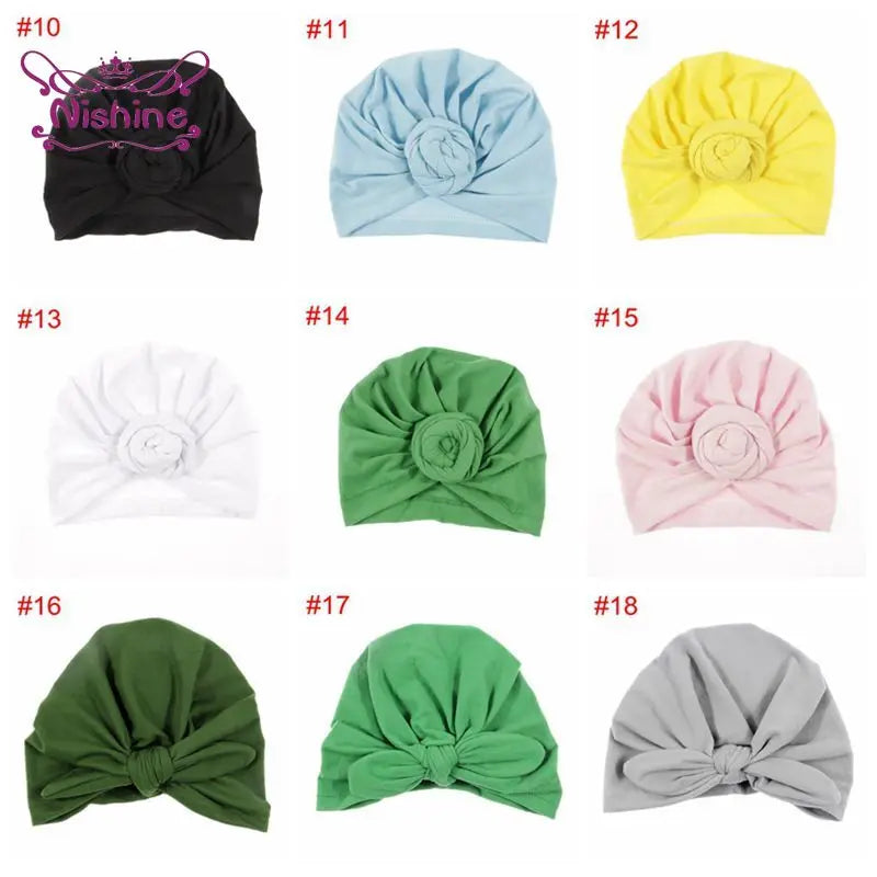 Nishine Baby Turban Hat with Bow Children Hats Cotton Blend Newborn Beanie Top Knot Caps Kids Headwear