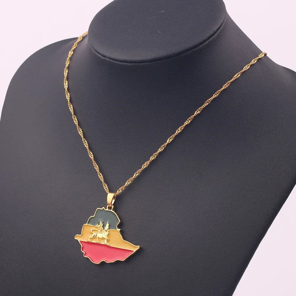 Ethiopian Flag & Lion Map Pendant Necklaces Women/Men Jewelry Gold Color Africa Maps Ethiopia Lion