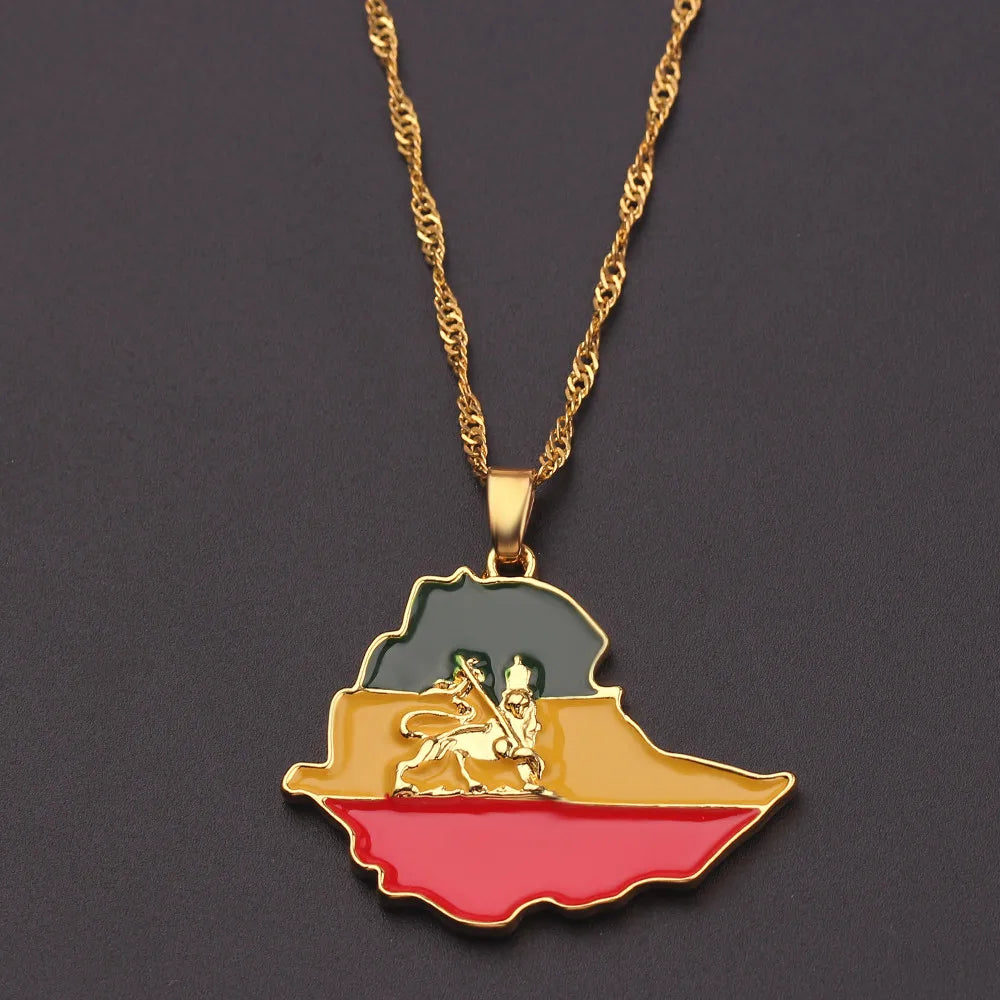 Ethiopian Flag & Lion Map Pendant Necklaces Women/Men Jewelry Gold Color Africa Maps Ethiopia Lion