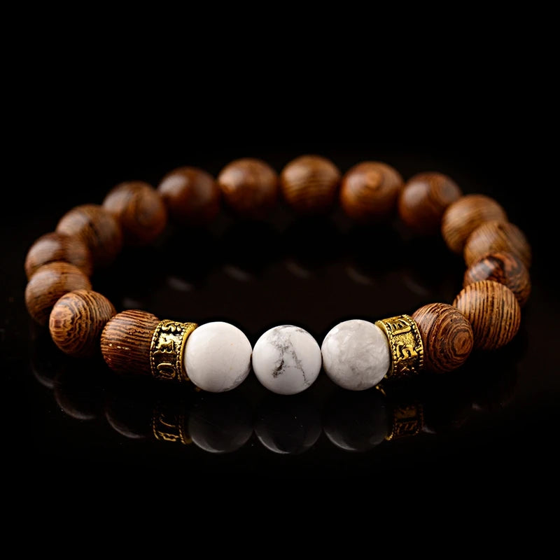 Tibetan Buddhist Bracelet Men/Women Gold Color Rune Metal Natural 10mm Wood Beads Handmade Bracelet Ethnic Stone Beaded Bracelet