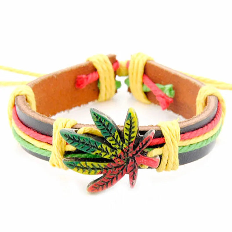 Fashion colorful maple leaf Rasta Hemp Wrap Leather Charm Bracelet  yb108