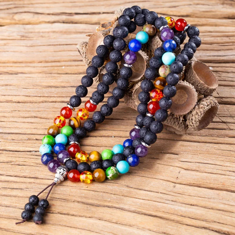 2024 Black Culture Love and Abundance 8mm Lava Stone 7 Chakra Bracelet Spiritual Men and Women meditation Beads Tibetan Jewelry