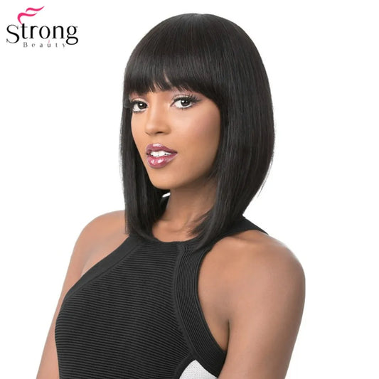 StrongBeauty Women's Wigs Neat Bang Bob Style Short Straight Hair Black/Blonde Synthetic Full Wig 6 Color