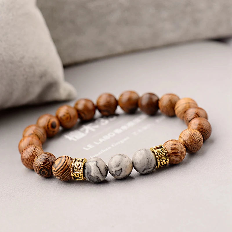 Tibetan Buddhist Bracelet Men/Women Gold Color Rune Metal Natural 10mm Wood Beads Handmade Bracelet Ethnic Stone Beaded Bracelet