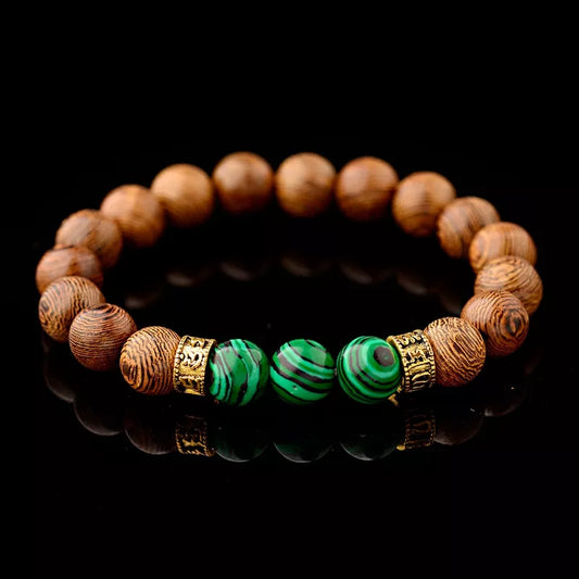 Tibetan Buddhist Bracelet Men/Women Gold Color Rune Metal Natural 10mm Wood Beads Handmade Bracelet Ethnic Stone Beaded Bracelet