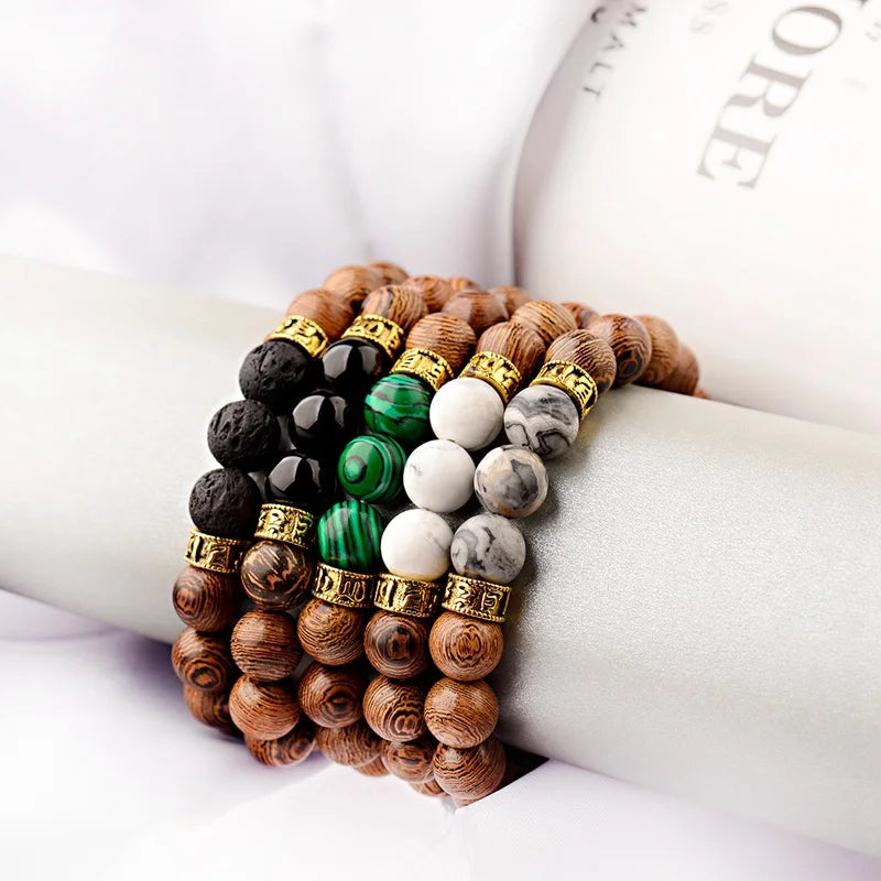 Tibetan Buddhist Bracelet Men/Women Gold Color Rune Metal Natural 10mm Wood Beads Handmade Bracelet Ethnic Stone Beaded Bracelet