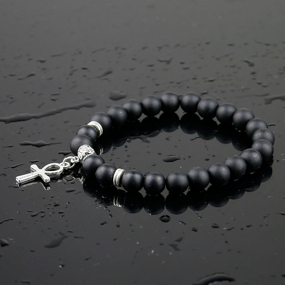 Egyptian Ankh Cross Natural Onyx Stone Bracelet Jewelry Women ,Men