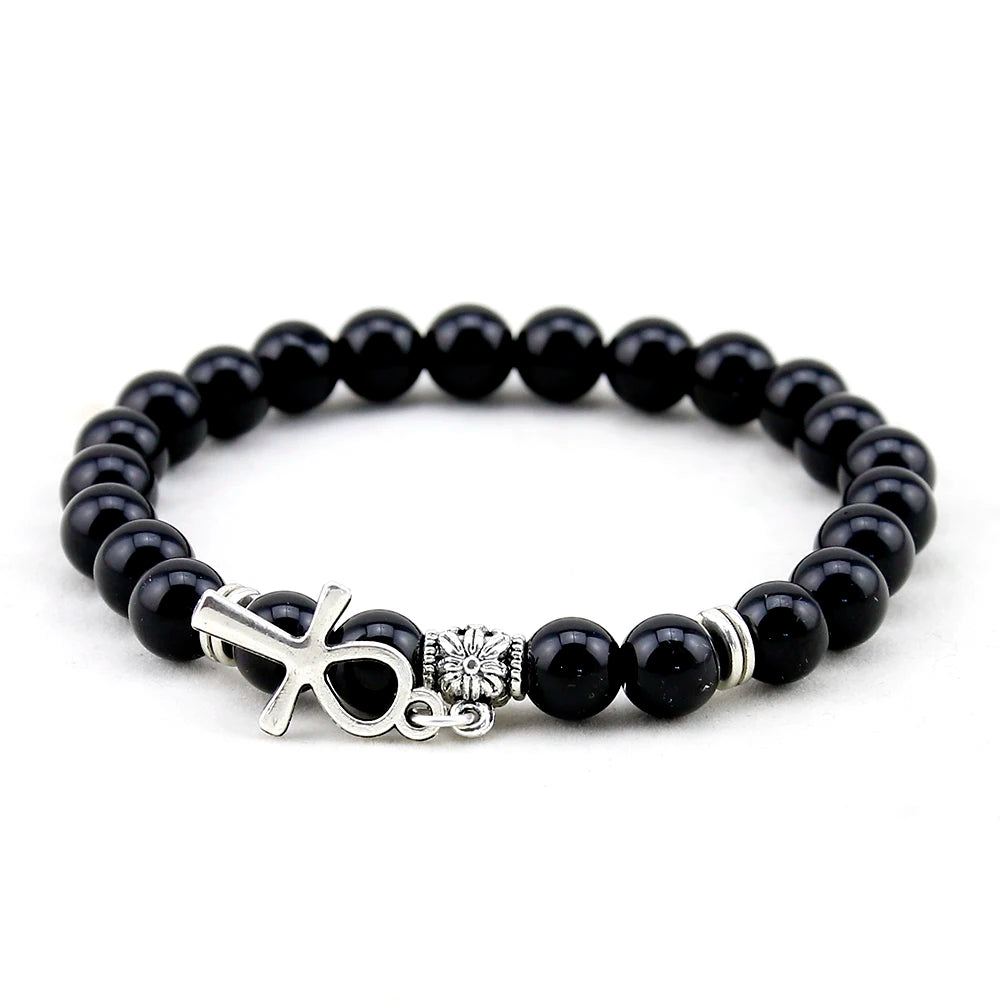 Egyptian Ankh Cross Natural Onyx Stone Bracelet Jewelry Women ,Men