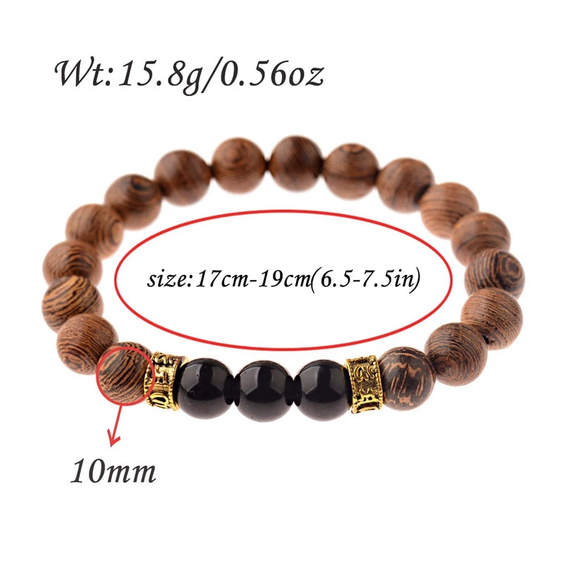 Tibetan Buddhist Bracelet Men/Women Gold Color Rune Metal Natural 10mm Wood Beads Handmade Bracelet Ethnic Stone Beaded Bracelet