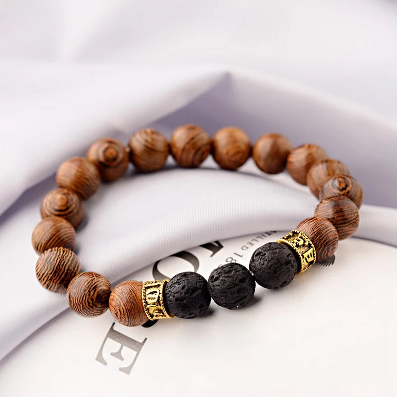 Tibetan Buddhist Bracelet Men/Women Gold Color Rune Metal Natural 10mm Wood Beads Handmade Bracelet Ethnic Stone Beaded Bracelet