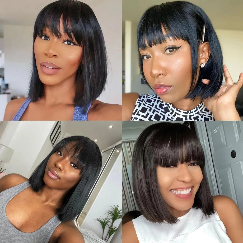 Short Bob Wig With Bangs Brazilian Straight Human Hair Wigs Cheap Fringe Wig Full Machine Made Wig For Women