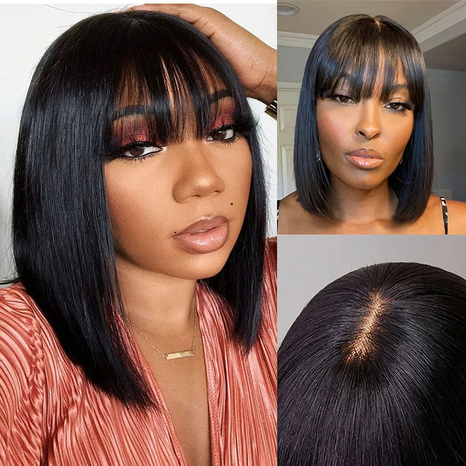 Short Bob Wig With Bangs Brazilian Straight Human Hair Wigs Cheap Fringe Wig Full Machine Made Wig For Women