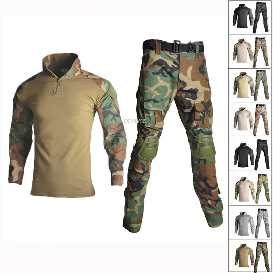 Woodland Camouflage Uniform Tactical Combat Suit Paintball/ Airsoft War Game Clothing Shirt + Pants Elbow Knee Pads