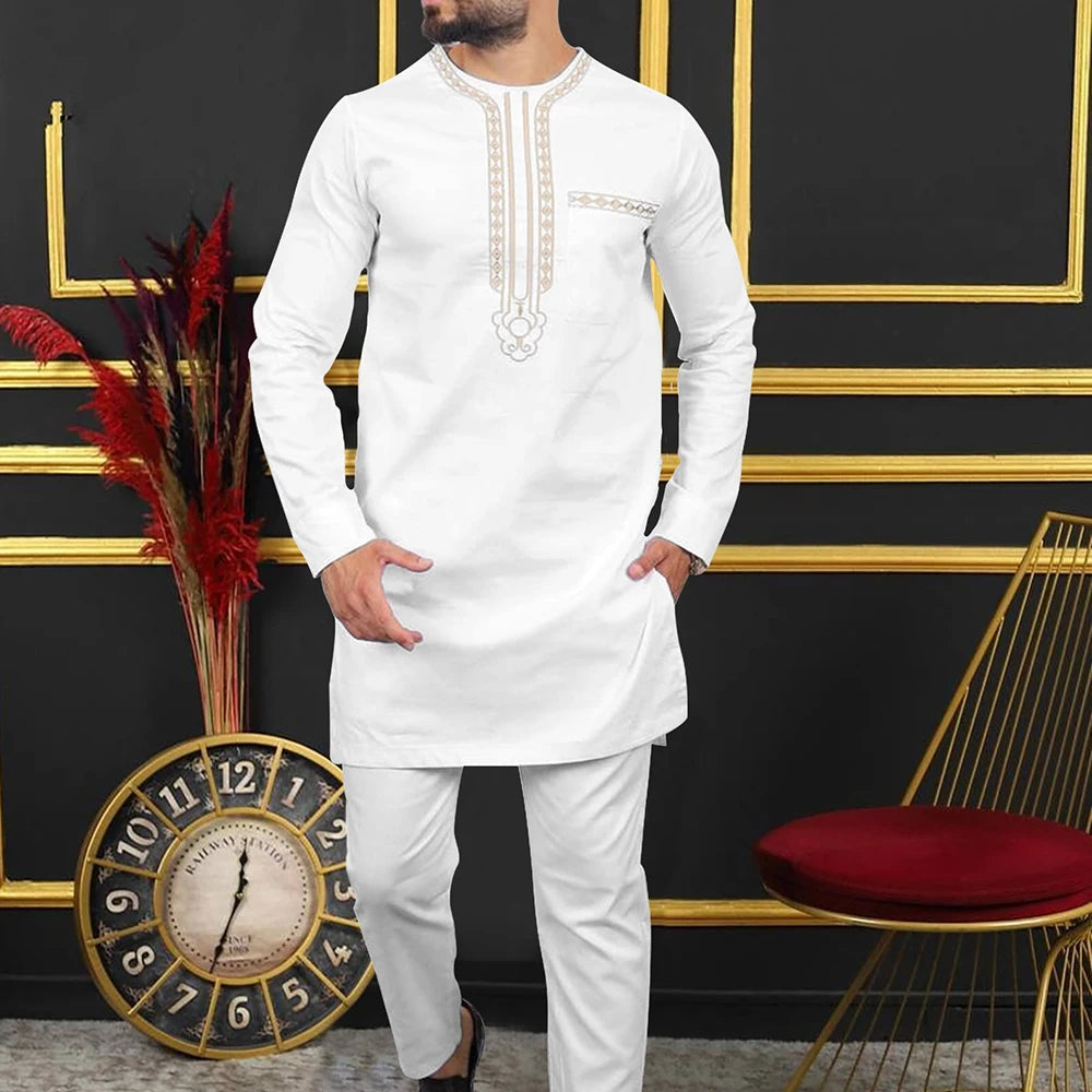 African Traditional Outfit Dashiki Black O-Neck Elegant Suits For Men New 2Pc Luxury Brand Clothing Full Pant Sets Male Clothes Culturally Influenced