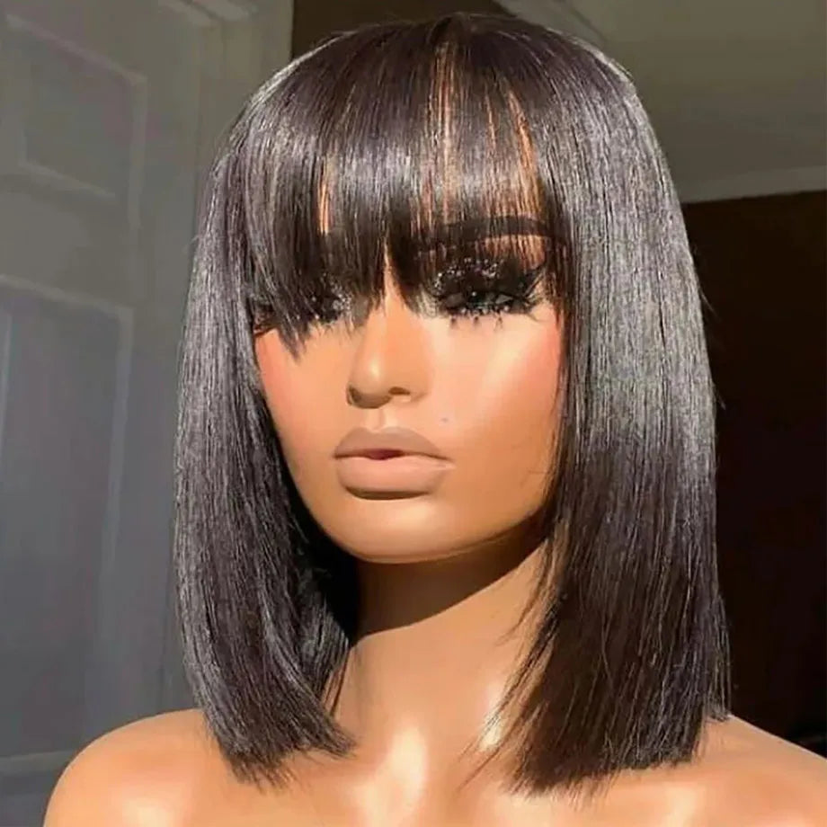 Short Bob Wig With Bangs Brazilian Straight Human Hair Wigs Cheap Fringe Wig Full Machine Made Wig For Women