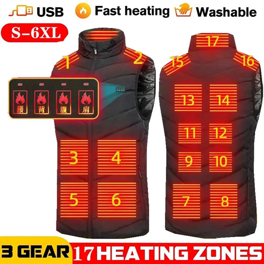 Men USB Infrared 17 Heating Areas Vest Jacket Men Winter Electric Heated Vest Waistcoat For Sports Hiking Oversized 4XL