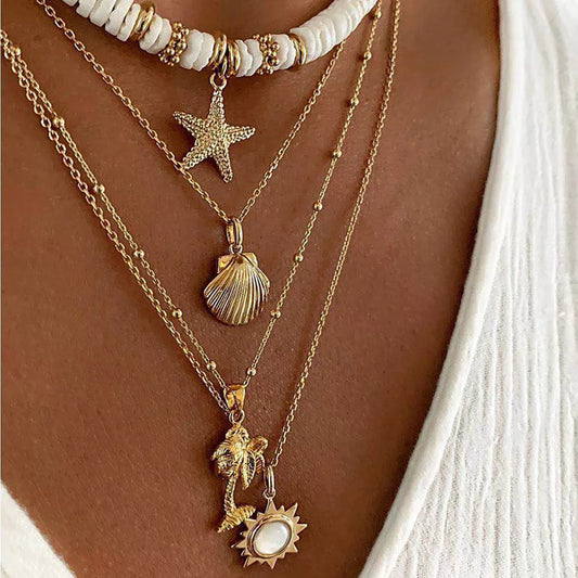 Fashion New Bohemia Soft Clay Shell Star Sun Pendant Chain Layered Necklace for Women Girls Summer Beach Simple Layered Necklace