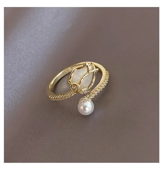 New Tulip Flower Pearl Ring Fashion Temperament Versatile Open Ring Elegant Women's Jewelry elegance