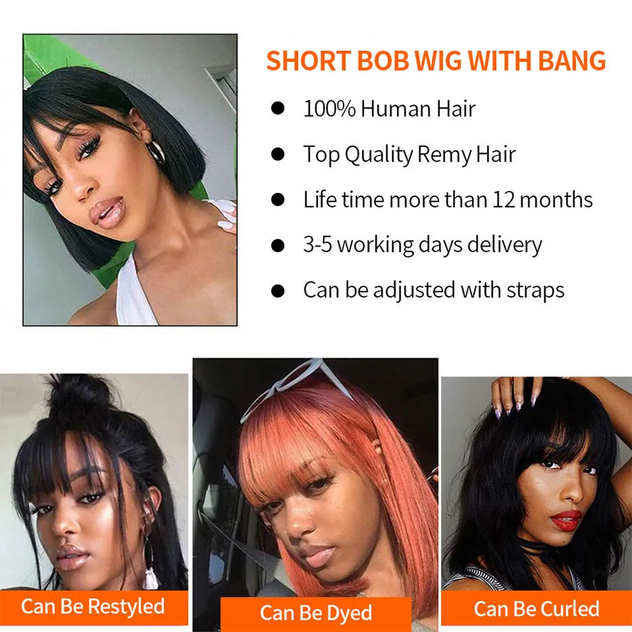 Short Bob Wig With Bangs Brazilian Straight Human Hair Wigs Cheap Fringe Wig Full Machine Made Wig For Women